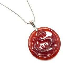 Chinese Hand-Carved Dragon Red Jade 925 Sterling Silver Pendant 18"